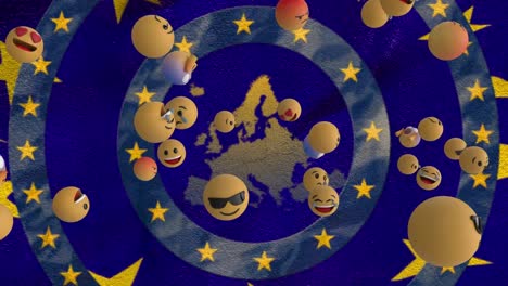Emojis-Moviéndose-Sobre-Estrellas-En-Círculos-Azules-En-Movimiento-Contra-El-Mapa-De-La-UE