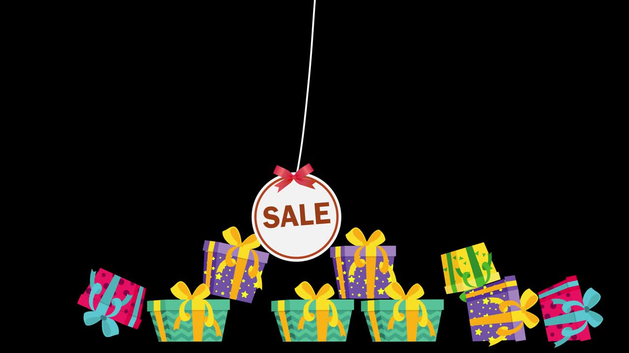 줄에 매달린 판매 태그의 4k 애니메이션은 선물 상자의 피라미드를 깨뜨리고 공중에 매달리고 있습니다.