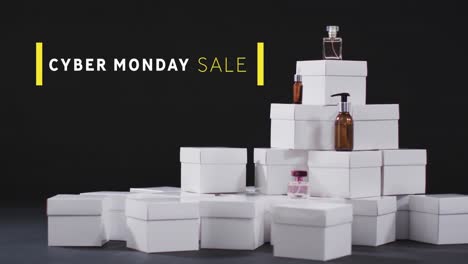 animation of cyber monday sale text over gifts and boxes