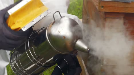 Hands-of-beekeeper-using-bee-smoker