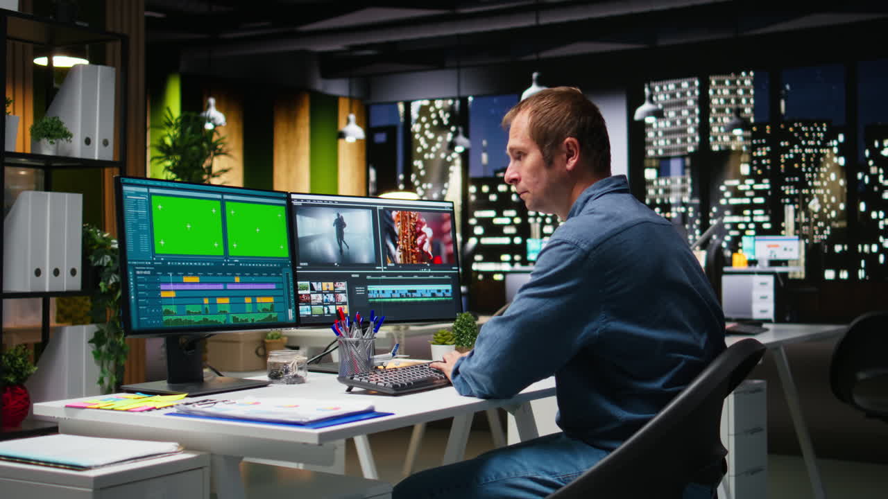 Green screen next to videographer cutting and editing video footage