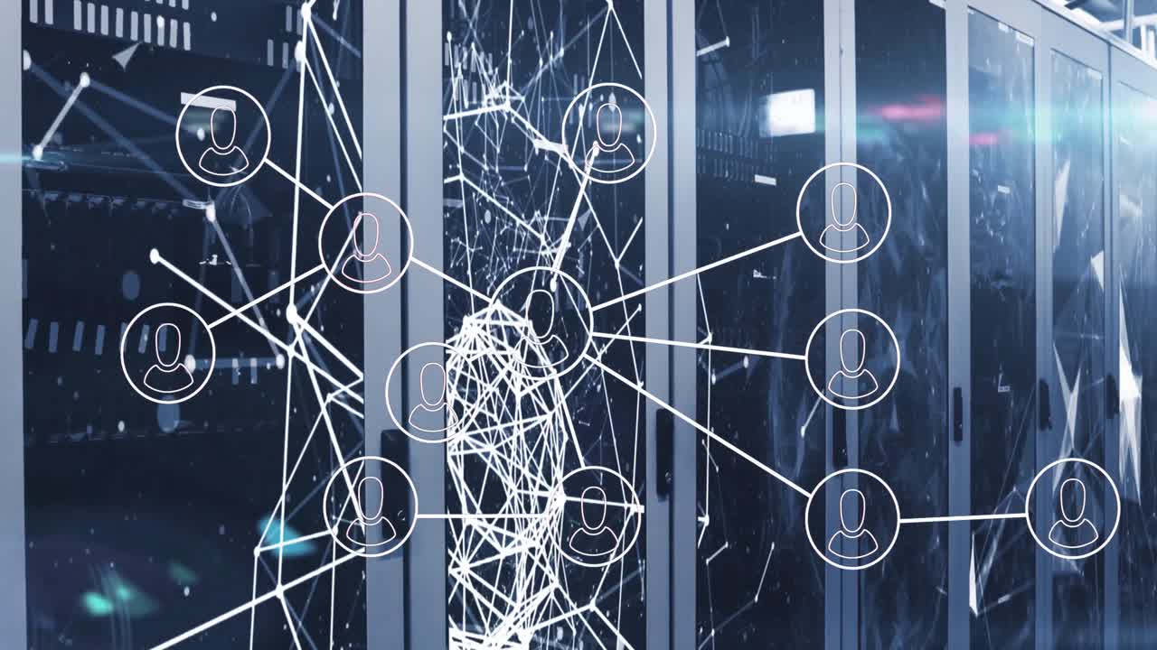 Animation of people icons and data processing over computer servers