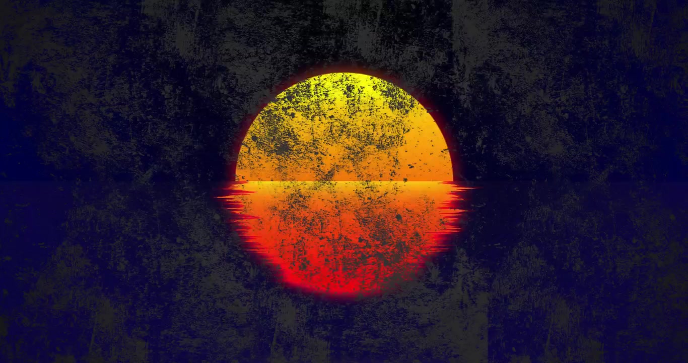 Animaatio auringonlaskusta veden yllä eloisten värien ja tekstuurien kera taideteoksessa.