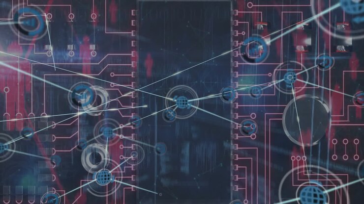 Animation of network of connections over data processing and computing boards