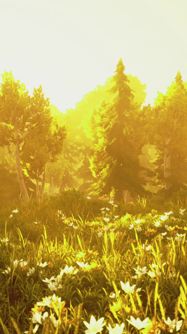Golden sunlight bathes a serene forest full of vibrant greenery and wildflowers