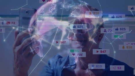 animation of connections, globe, icons and diverse data over caucasian senior man with smartphone