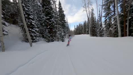 Follow-female-snowboarder-riding-fast-down-ski-Slope