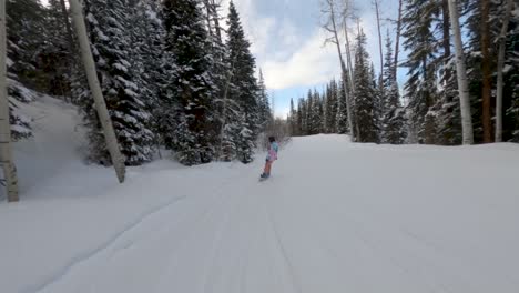 Sigue-A-Una-Snowboarder-Bajando-Rápido-Por-Una-Pista-De-Esquí