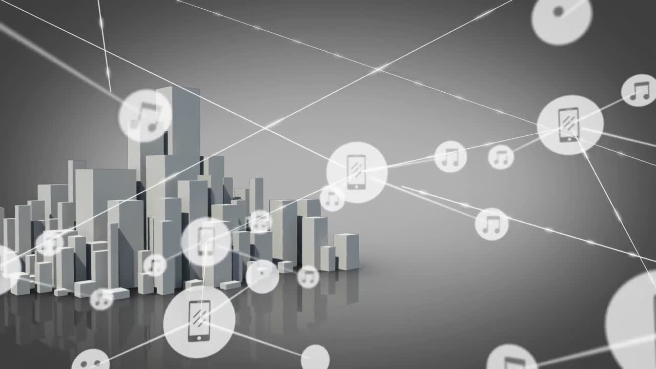 animación de conexiones de red con música e iconos de teléfonos inteligentes con un distrito