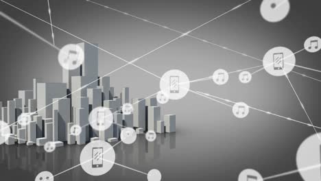 animation of network connections with music and smartphone icons with a district