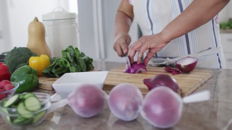 midsection of african american senior woman preparing food in kitchen, chopping onions