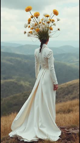 woman in a floral headpiece and white dress on a mountaintop