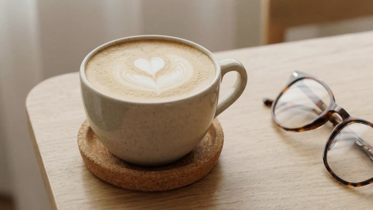 Tazza di caffè latte con decorazione a cuore e occhiali su tavolo di legno.