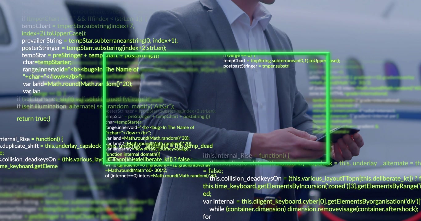 Businessman Interacting with Digital Code Overlay on Smartphone at Private Jet