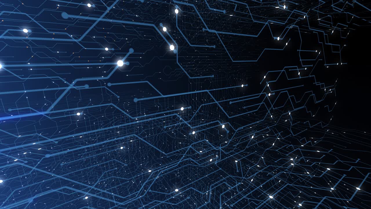 4K seamless loop of print circuit technology cyber and futuristic concept. Circuit Board with moving electrons. CPU processing Data. Futuristic HUD technology Screen Data animation.