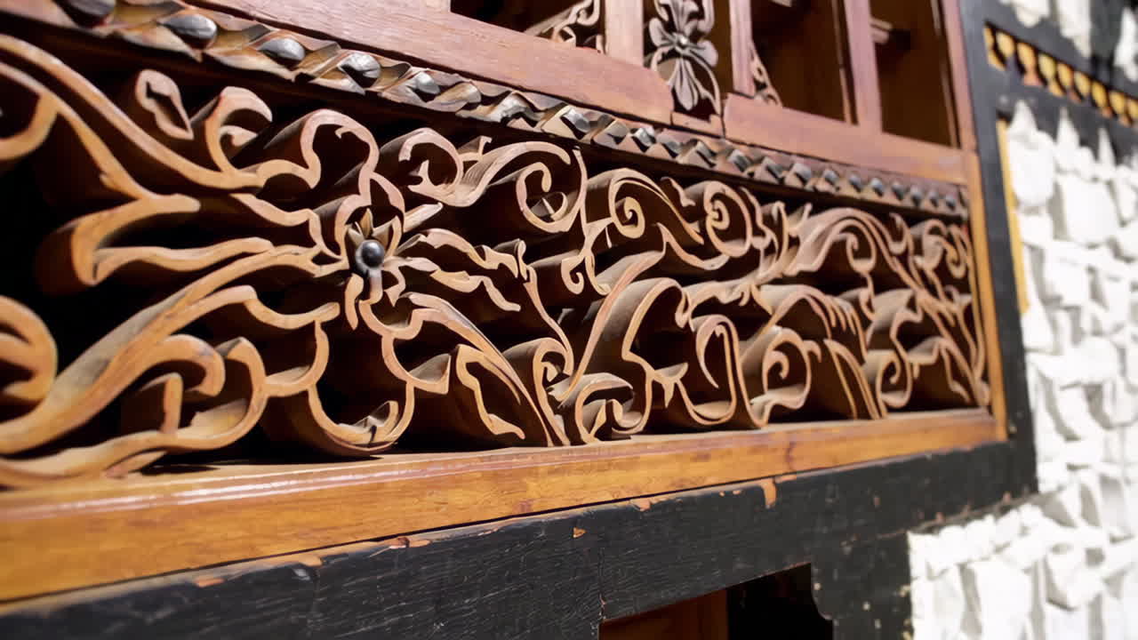 Intricate Wood Carving Detail on Traditional Wooden Window