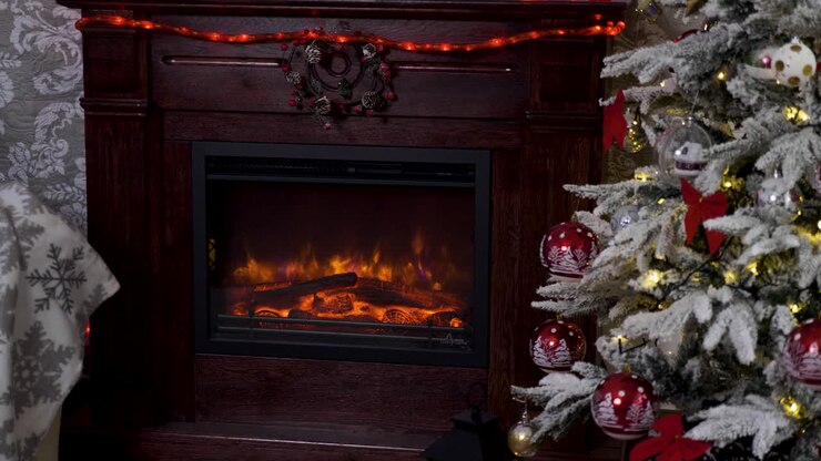 Festive Christmas Tree by Fireplace