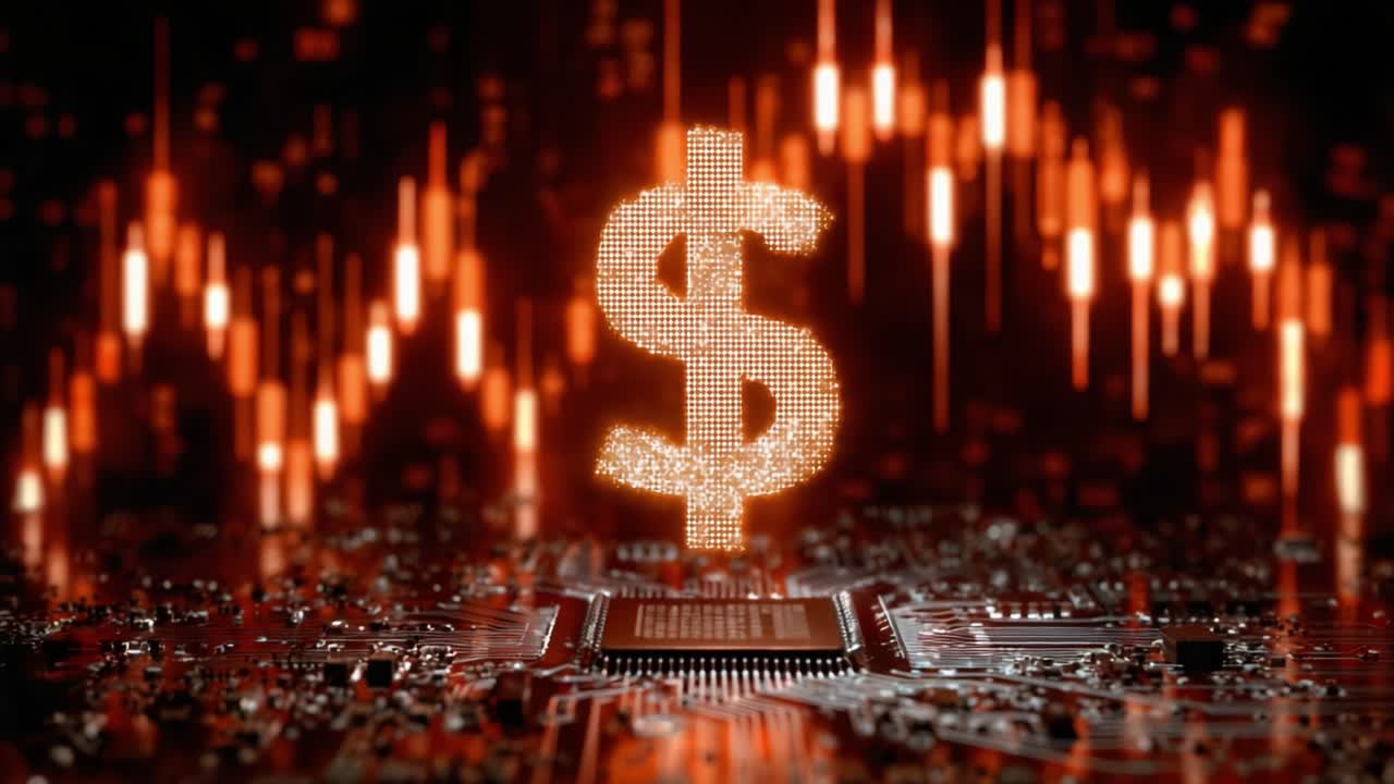 Dynamic Visualization of Digital Currency Trends Featuring a Glowing Dollar Symbol Overlaid on a Circuitry Background with Trend Lines