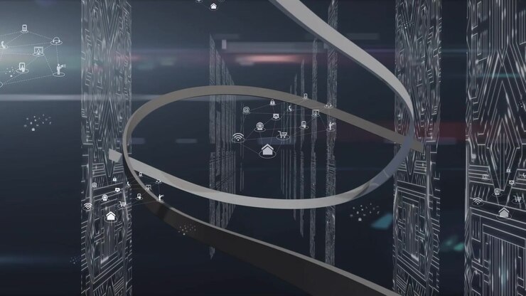 Animation of media icons over server room