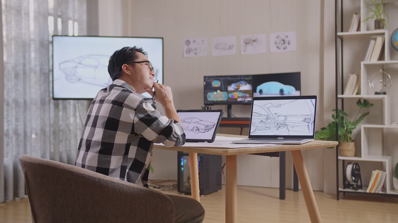 아시안 남성이 새로운 자동차 컨셉에 대해 생각하면서 tv와 컴퓨터 디스플레이 3d 전기 자동차 모델과 함께 스튜디오에서 태블릿에서 자동차 디자인 스케치를 작업합니다.