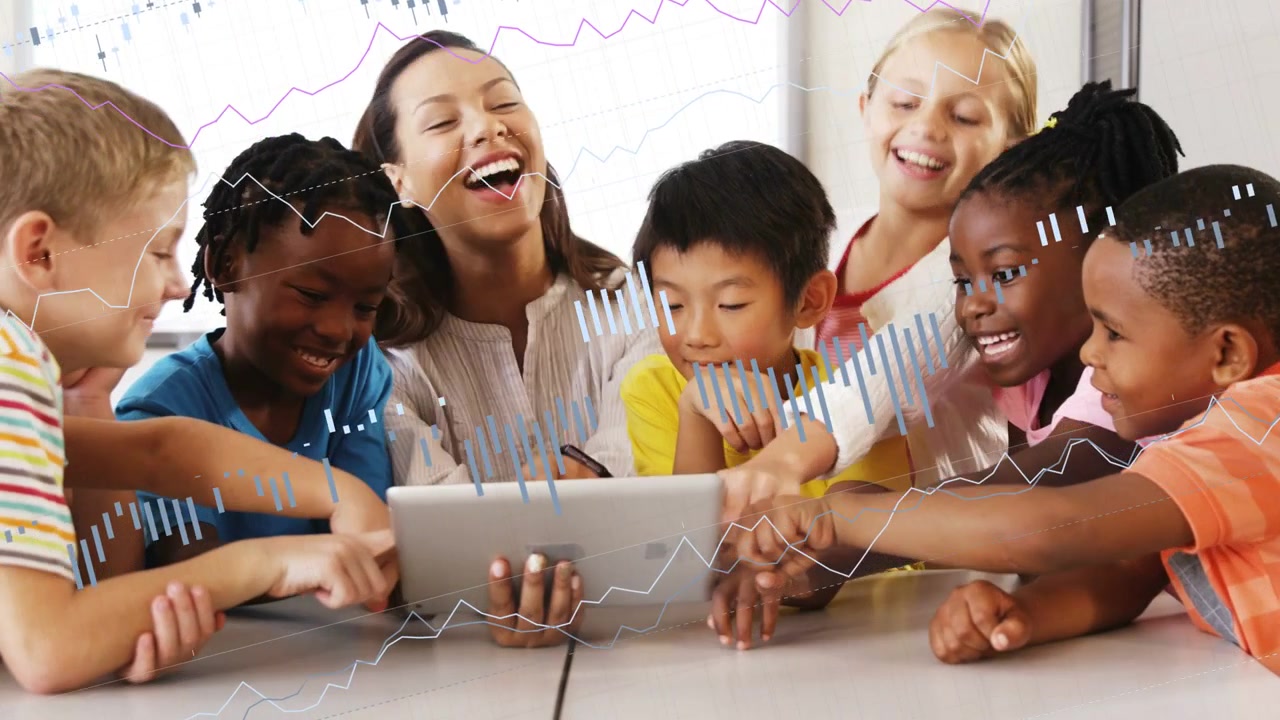 Teacher tapping tablet, children leaning and touching screen while graph overlays showing learning