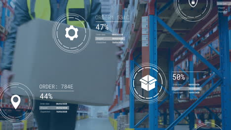 animation of data processing and media icons over caucasian male worker working in warehouse