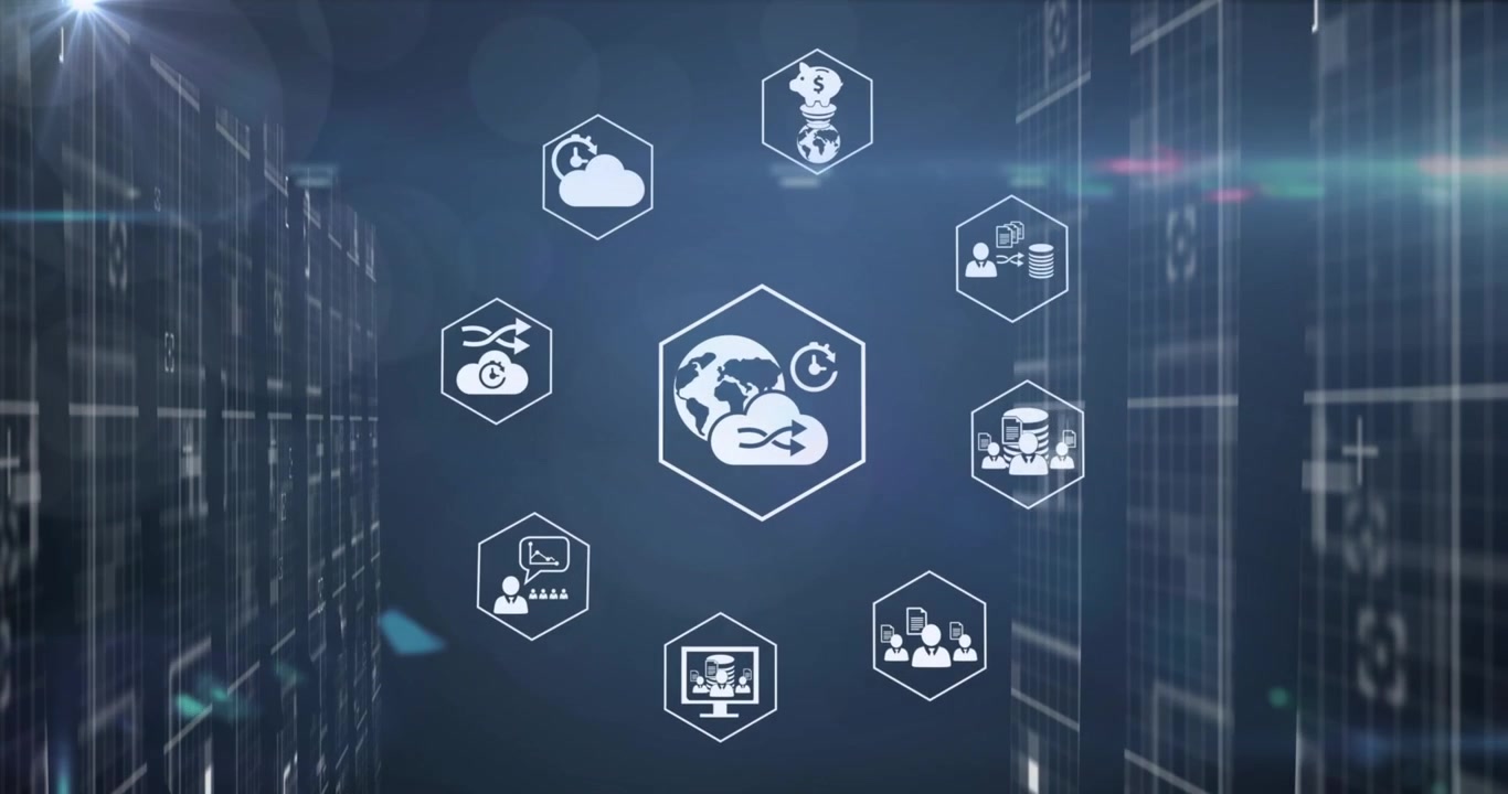 Animated Cloud Computing and Business Technology Icons on Digital Background