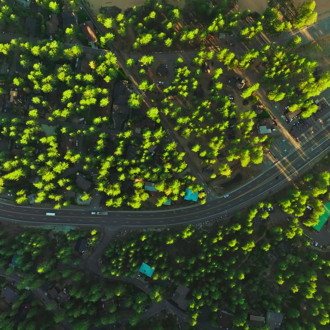 Two-lane motorway through the wooded residential area. Drone footage over the road on sunny daytime. Top view