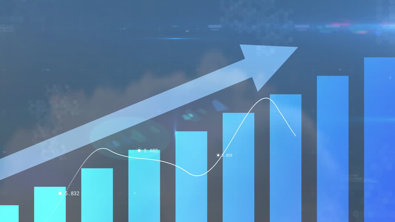 Animation of blue bar graph with upward arrow showing growth trend in school