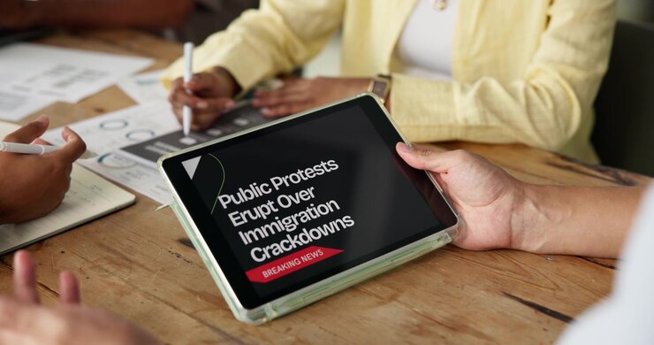 Colleghi che discutono delle ultime notizie su un tablet in ufficio