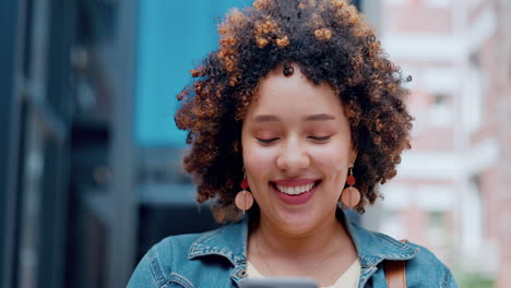 Laugh,-phone-and-black-woman-in-city-with-5g