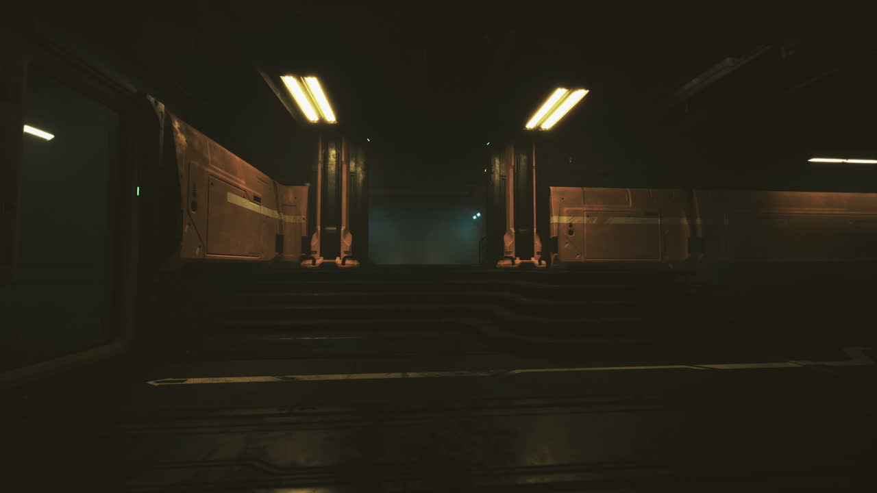 Mysterious dimly lit corridor in futuristic setting with industrial details