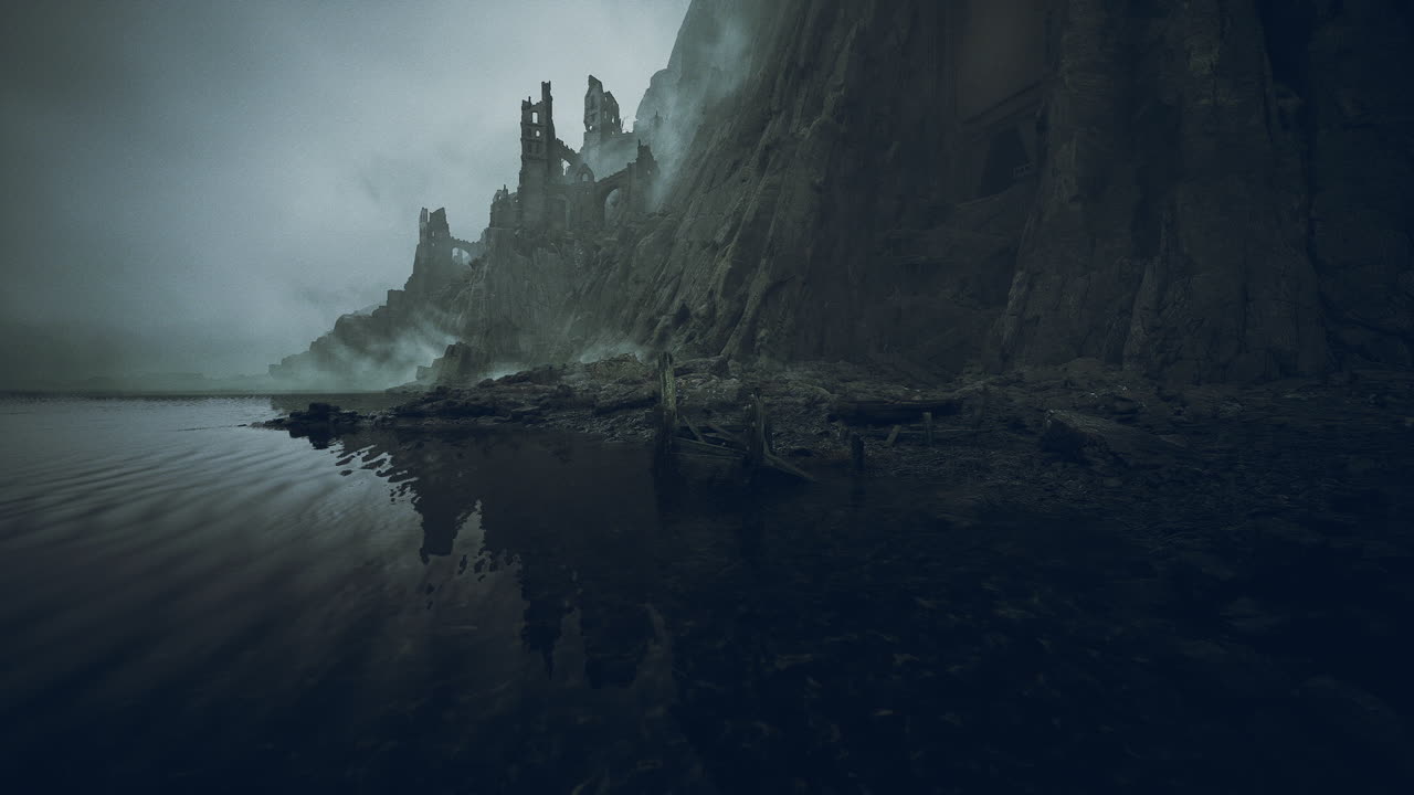 misteriosas ruinas junto al agua con acantilados en una atmósfera de niebla