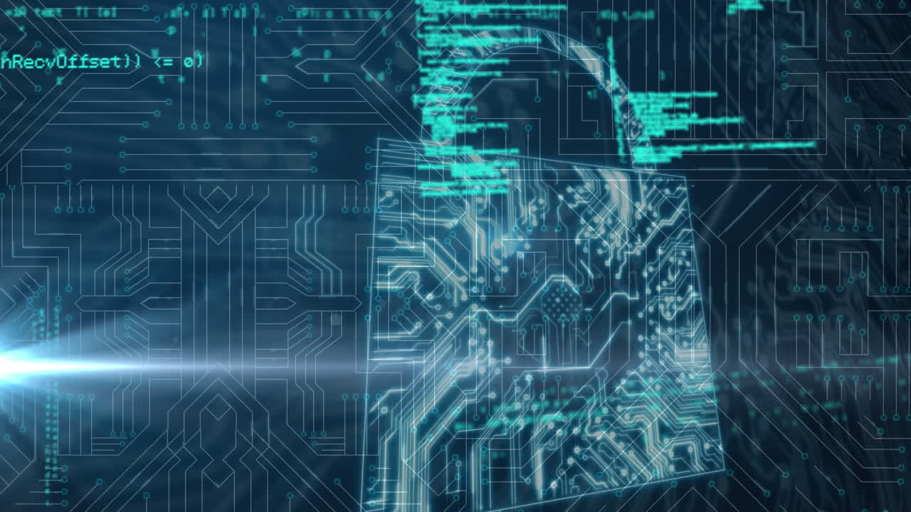 animación de un candado de seguridad en línea con procesamiento de datos en una placa de circuito en segundo plano