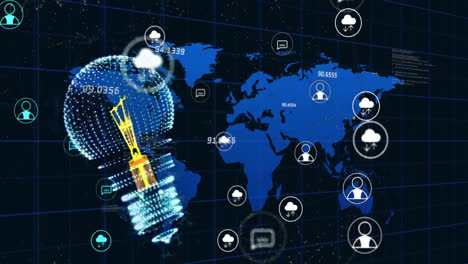 Animación-De-Bombilla,-Iconos-De-Nubes-Y-Procesamiento-De-Datos-Sobre-El-Mapa-Mundial