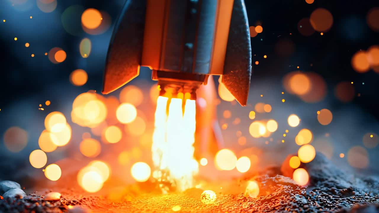 A small orange rocket is on the ground with a bright light coming from it. The image has a dreamy and imaginative feel to it, as if the rocket is about to take off into space