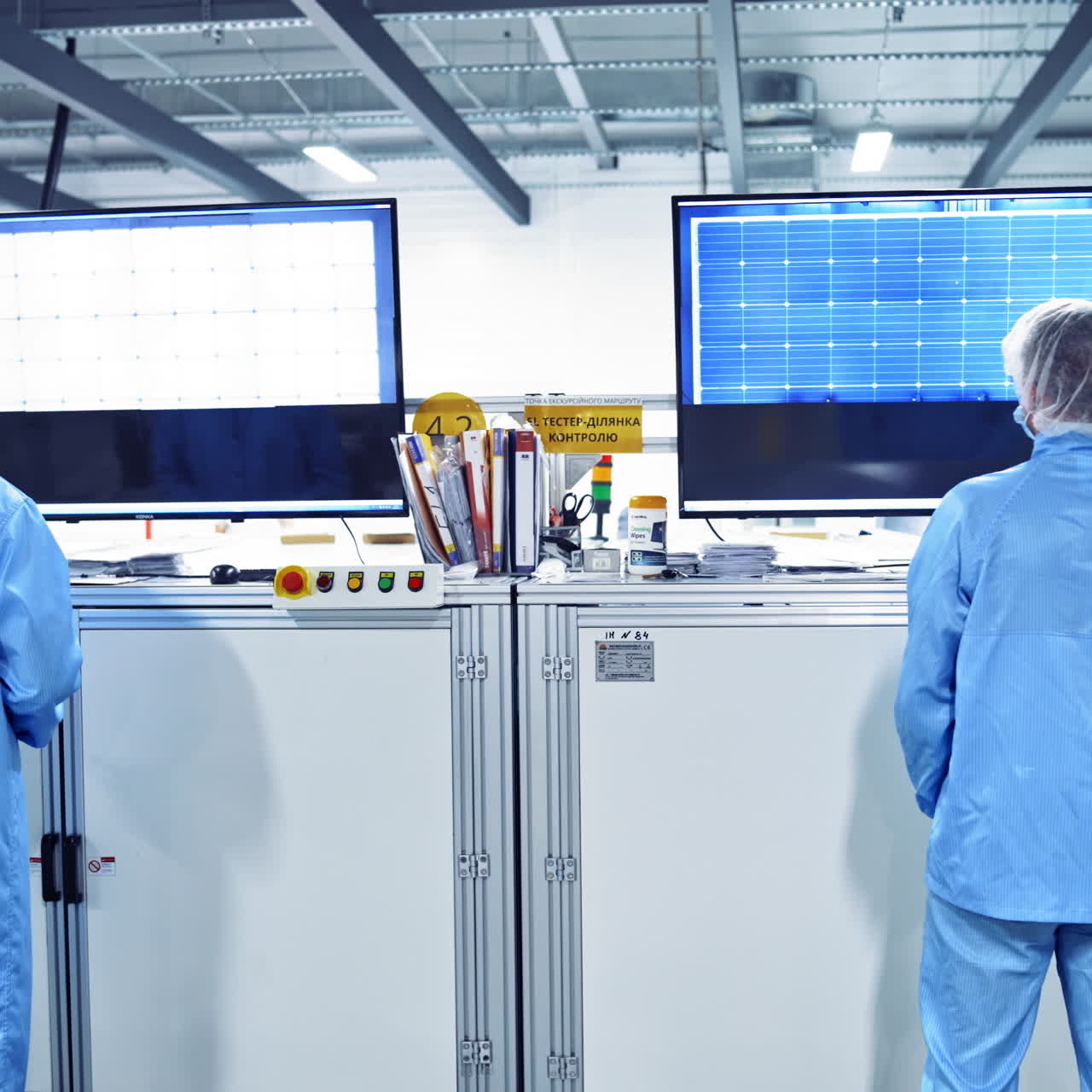 Technicians control the work of robotic equipment. Backside view of professional workers in protective uniform looks at big screens inside the modern plant.