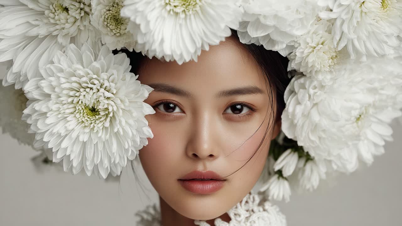 A Stunning Portrait of Natural Beauty: A Close-up View of a Woman Adorned with a Luxurious Floral Headpiece Made of White Daisies, Exuding Elegance and Serenity