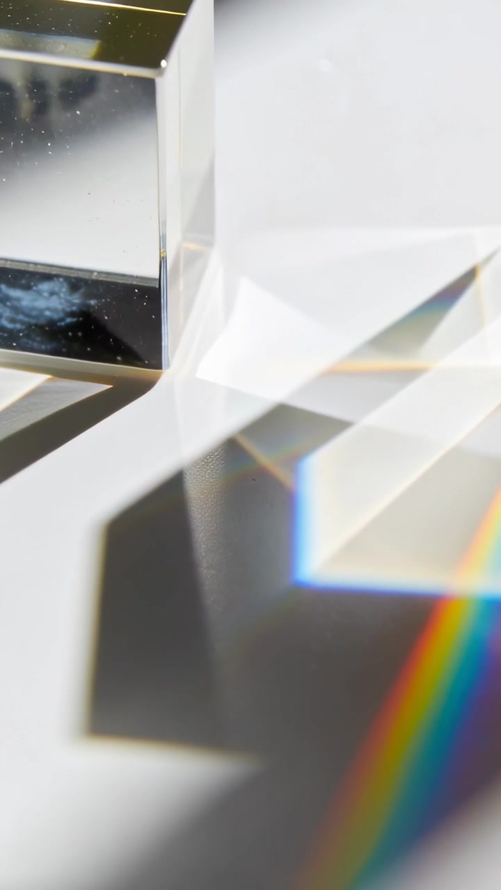 Vertical video: Showing prisms casting shadows and splitting light on white desk, camera shifting