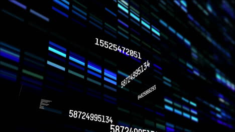 digital animation of changing numbers and data processing against mosaic squares on black background