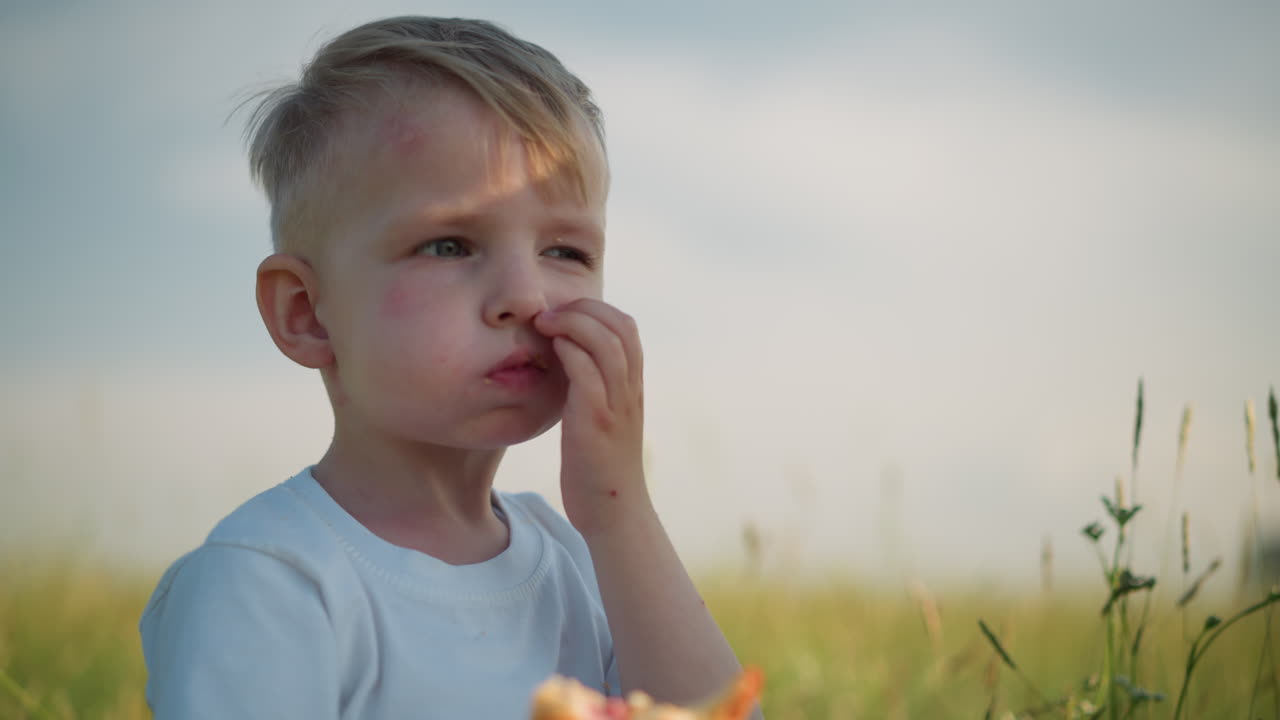 Close-up of a little boy in a white shirt eating a hot dog while seated in a sunny, grassy field. The child's thoughtful expression contrasts with the vibrant outdoor setting