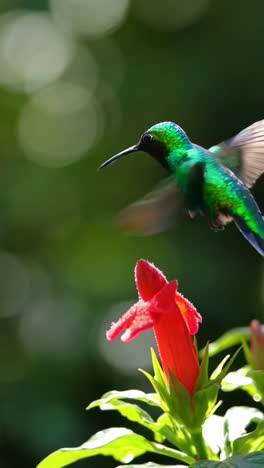un colibrí que se alimenta de una flor roja