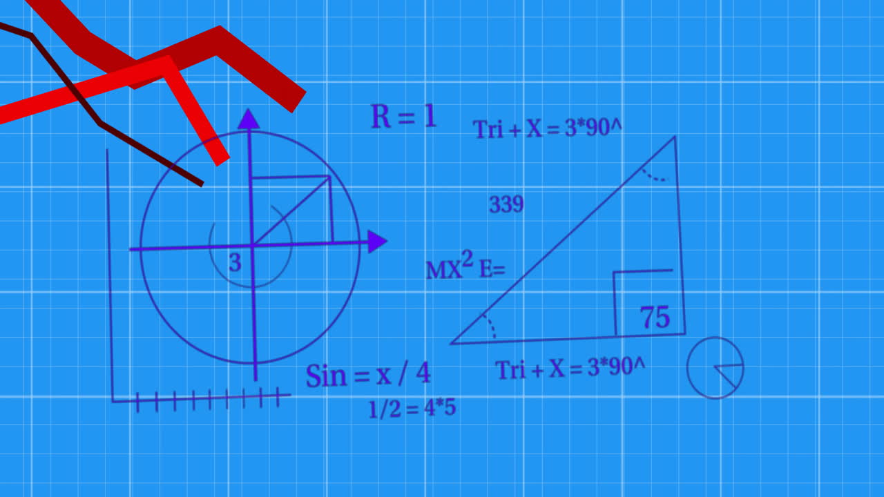 Mathematical equations and geometric shapes animation over blue grid background
