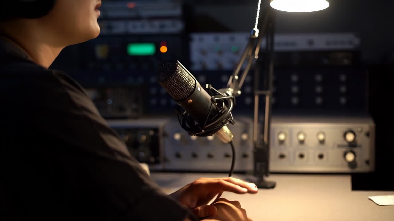 Person recording with a microphone in a professional audio studio