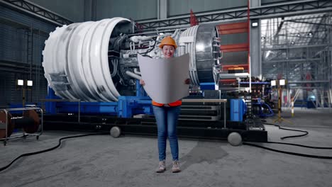 full body of asian female engineer with safety helmet looking at blueprint in her hands while standing with airplane engine maintenance conducted
