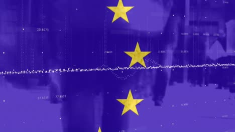 Animation-Von-Finanzdiagrammen-über-Der-Flagge-Der-Europäischen-Union-Und-Menschen,-Die-Spazieren-Gehen