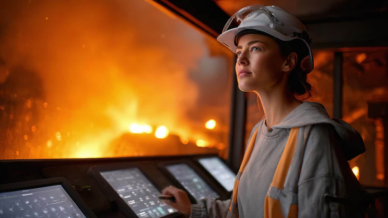 Vrouwelijke industriële medewerker bij bedieningspaneel
