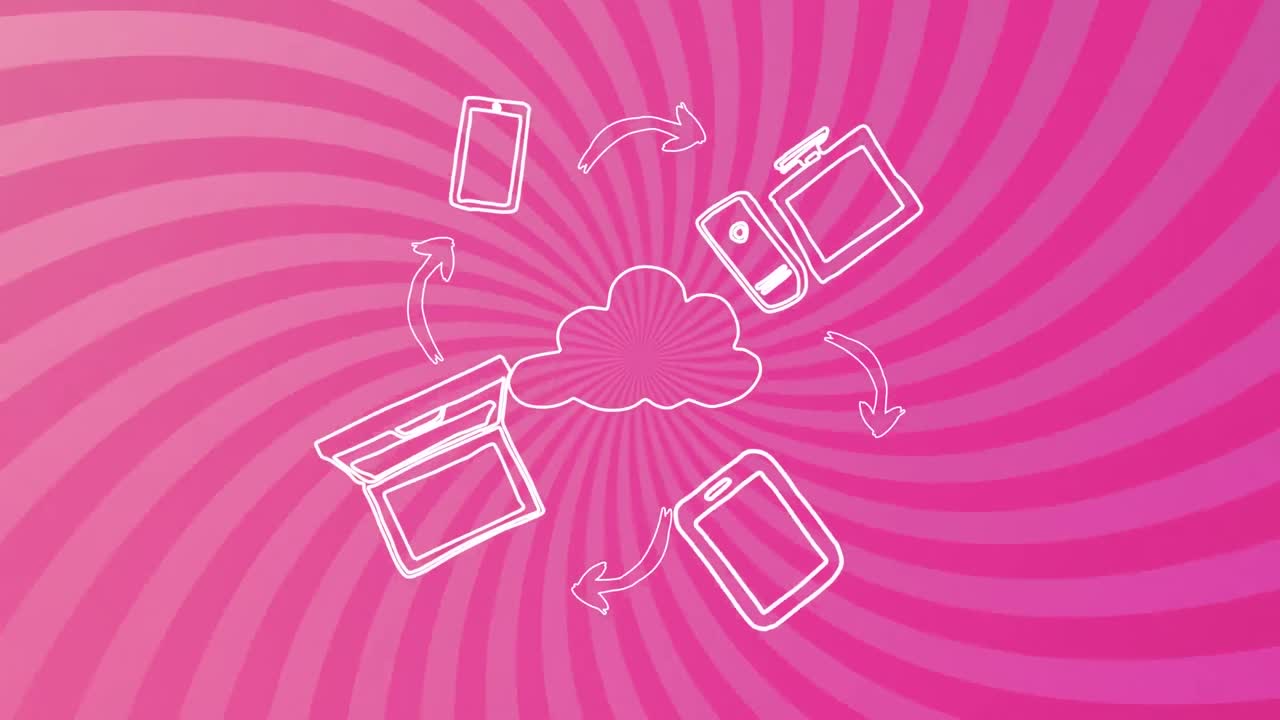 animación de iconos y flechas dibujando sobre un patrón en espiral contra un fondo rosa.