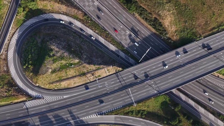 Drone Shot Urban Highway Viaduct System Busy Traffic