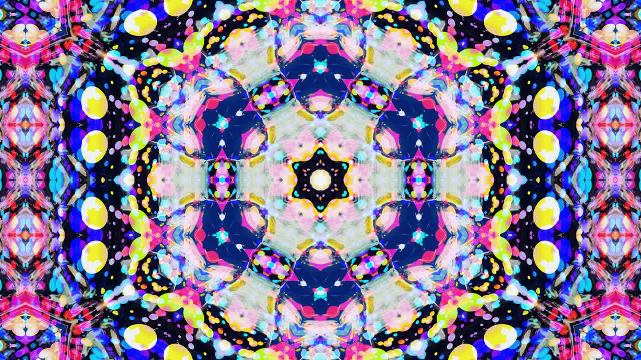 Star symmetry. Kaleidoscope effect from wavy shiny liquid surface with distorted circles float like drops of paint in oil. Creative background with multicolor gradient in 4k. 3d
